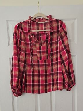 NWT Sunny Leigh Plaid Ruffle Tie-Neck Blouse in Pink